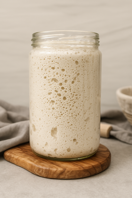 Gluten Free Active Sourdough starter in a glass jar on a wooden board.
